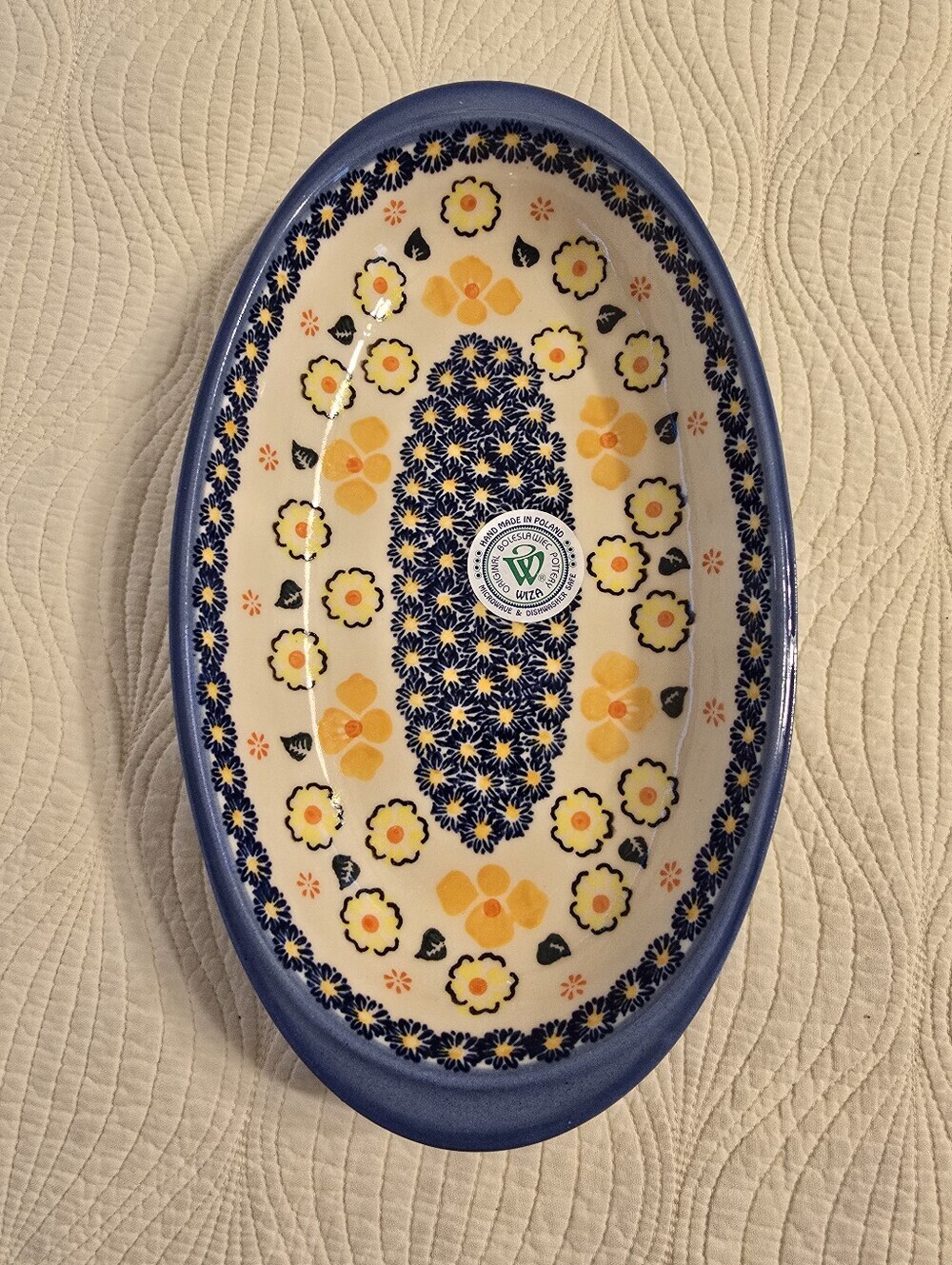 NWT Polish Pottery Oval Serving Bowl With Blue and Yellow Floral Design